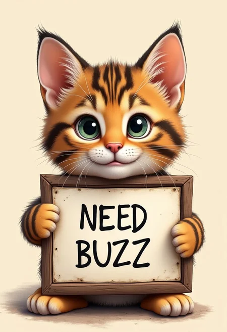 a cute little cat holds a sign with the text “NEED BUZZ” on it.