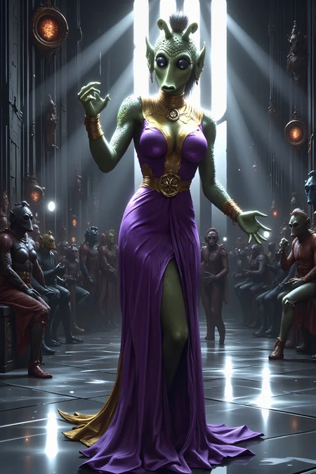 A hyper-realistic portrait, photorealistic photo close-up image of A female Rodian alien with snout senator stands in the grand chamber of the Galactic Senate, her purple and gold robes flowing elegantly around her slender form. Her vibrant green skin contrasts sharply with the polished silver floor, while her dark eyes glint with determination as she addresses the gathered representatives. The towering columns of the Senate building rise around her, illuminated by the soft, white light that spills from the ceiling, casting long shadows across the assembly. Her hands are raised, her voice clear and steady as she speaks of peace, diplomacy, and the future of her people. Hovering Senate pods filled with alien delegates orbit the center chamber, their occupants watching her with a mix of intrigue and skepticism. Behind her, the emblem of the Republic is proudly displayed, shimmering in the soft glow of the overhead lights. The air is thick with the tension of political debate, the murmur of conversations barely audible over the echo of her voice. Despite the grandeur and pressure of the moment, the Rodian senator remains poised, her antennae twitching subtly as she senses the room's shifting currents of power and influence. (photography, high-resolution, dynamic, energetic,hyper-realistic, dramatic lighting, shallow depth of field.), MythP0rt<lora:DnDDarkestFantasy:0.5><lora:FluxMythP0rtr4itStyle:0.75><lora:Dever_Flux_Enhancer:0.5><lora:Aura_Flux-000010:0.6><lora:RODIAN_1:1.1>