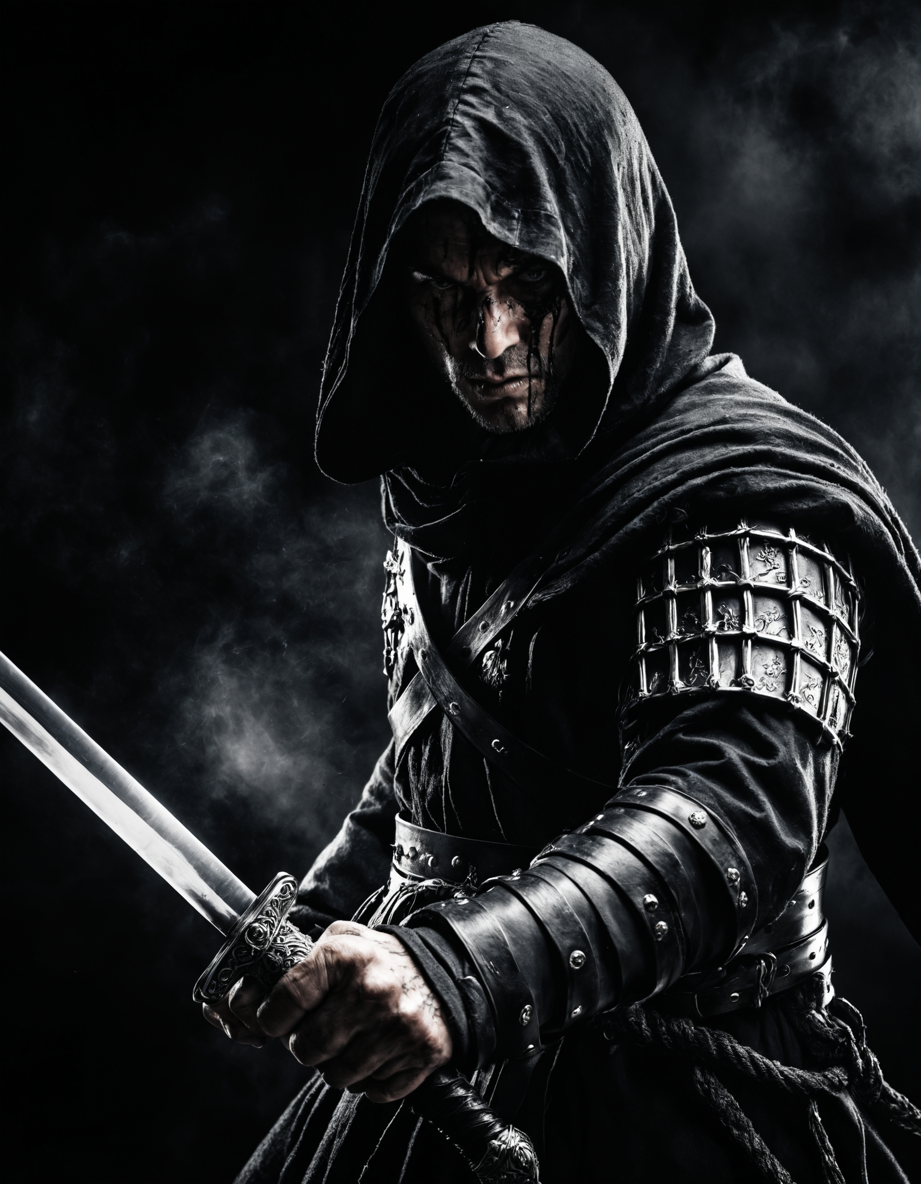 Dark, foreboding figure in full battle gear, with shadows playing across their face, in a realistic environment.
One hand on the hilt of a sword, the other clenched in a fist.
Fine detail enhancement, Ultra-high contrast, Realistic depth of field