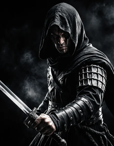 Dark, foreboding figure in full battle gear, with shadows playing across their face, in a realistic environment.
One hand on the hilt of a sword, the other clenched in a fist.
Fine detail enhancement, Ultra-high contrast, Realistic depth of field