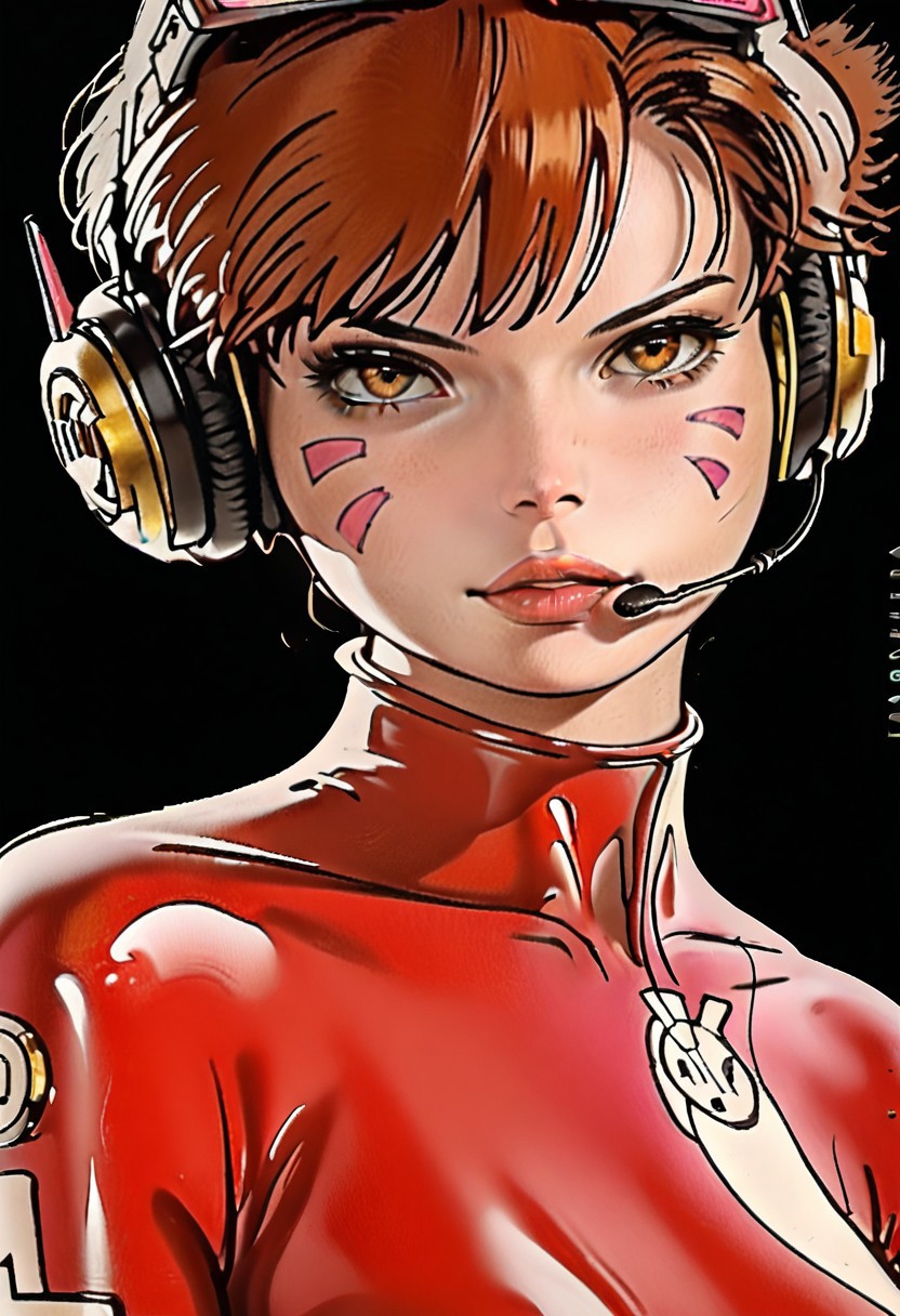 dandon fuga, score_9, score_8_up, score_7_up, high quality, absurdres, masterpiece, 4k, 8k, 2d, detailed eyes,   1girl,solo, looking at viewer, d.va \(overwatch\), standing, latex,  bodysuit, facepaint, headset,