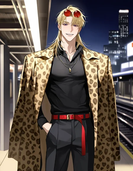 masterpiece, best quality, absurdres, 1boy, solo, BREAK male focus, purple eyes, (long hair, blonde hair, bangs), leopard print coat over shoulders, muscular, open black shirt, jewelry, earrings, (round eyewear, red sunglasses, eyewear on head), black pants, red belt, shoes, smile, parted lips, BREAK train station, night, city, cowboy shot, standing, looking at viewer, ikemenboys, whisper of the shade, <lora:IkemenBoys_Illustrious:0.95>