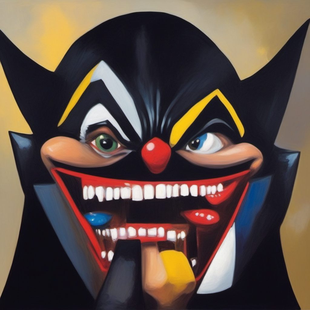 painting of the Batman  with sharp teeth, George Condo Style, horror(theme),  <lora:MBTDF xl-000003:0.9>