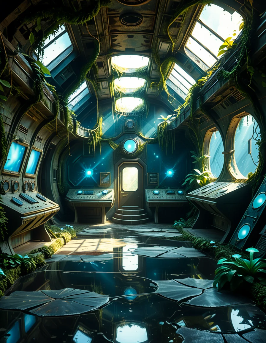 The interior of an ancient abandoned spaceship, overtaken by lush vegetation. The walls and ceiling are covered in thick, twisting vines and moss. Strange alien plants glow faintly in shades of blue and green, casting an eerie, mystical light across the metallic surfaces. Rusted control panels and shattered glass windows hint at a long-forgotten past. The floor is cracked and partially flooded with still, reflective water. Patches of bioluminescent fungi cling to the corners, adding a surreal atmosphere. The air feels heavy with moisture, and beams of soft, diffused light filter through holes in the hull, creating dramatic shafts of light and shadow. The overall style is hyper-realistic, rich in textures, with a cinematic and slightly melancholic mood.<lora:SDXLFaeTastic2400:0.4> <lora:extremely_detailed:0.4> extremely detailed,<lora:ancient_abandoned_sp4c3sh1p:1>,ancient abandoned sp4c3sh1p, Masterpiece,best quality,hi res,8k,hi res,8k,award winning,(sharp focus, intricate, highly detailed),