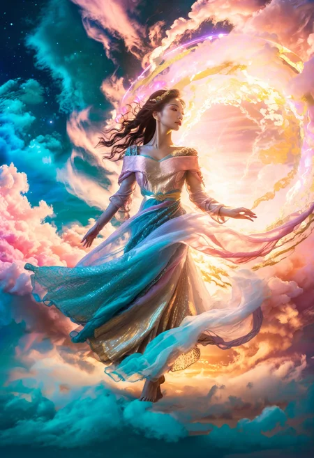 ethereal fantasy concept art of A full body portrait of a levitating beautiful asian woman surrounded by a whirlwind of cyan and pink light clouds,gold and white dress,volumetric lighting. magnificent, celestial, ethereal, painterly, epic, majestic, magical, fantasy art, cover art, dreamy, elegant, dynamic, vibrant, detailed, intricate