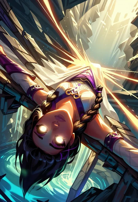 score_9, score_8_up, score_7_up, rating_safe, graphic novel, illustration, best quality, athletic woman, beautiful, braided brown hair, climbing, exquisite ruins, waterfall, bird's eye view, daylight shining through cracks, cinematic, bokeh, depth of field, 128k, UHD, ultra high res, fcDetailPortrait, (glowing white eyes:1.8), light radiating from eyes, light shining from eyes, prismatic light, fFaceDetail, SkinHairDetail, OverallDetail, LightningMagicAI, GlowingRunesAI_purple, WitchcraftPunkAI