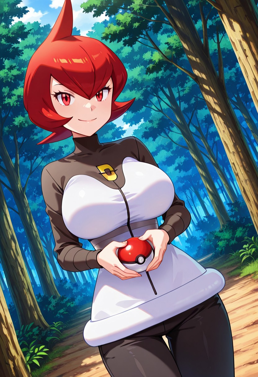 general,highres, ultra-detailed,very aesthetic,best quality ,best hands,best eyes,easynegative,
dynamic anglre, dutch angle, anime cloring,
1girl solo,looking at viewer,forest, holding poke ball,smile,
Mars,red hair, short_hair, red eyes, huge_breasts,jacket,shirt,pants,