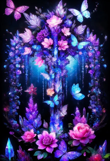 made of sparkling amethyst crystal,chinese blue wisteria and glowing blue butterflies, glowing pink and yellow butterflies against a pitch-black background Painterly,  surreal, vibrant glow, bokeh, 8k,Pink_Roses, blue_flower,pink_flower,white_flower,yellow_flower,grappe_flower,cherry blossoms,red_flower,purple_flower,back_roses,made of sparkling amethyst crystal