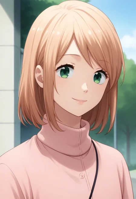 score_9, score_8_up, score_7_up, source_anime, highly detailed,
anna, 1girl, solo, green eyes, medium hair, bangs, peach blonde hair, shirt, white shirt, sweater, pink sweater, upper body, skirt,
outdoor, smile