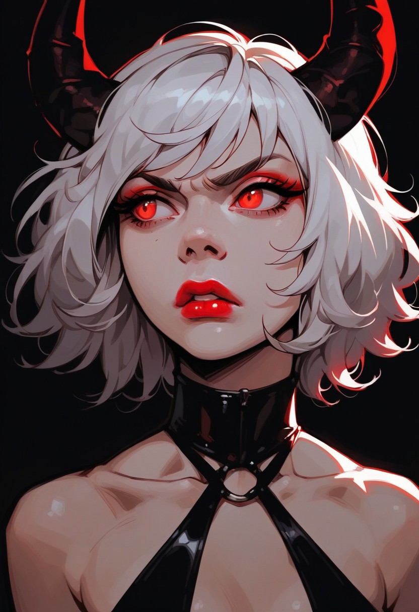 score_9, score_8_up, score_7_up, score_6_up, aesthetic ,   demon, black horns, in public, teasing expression, nipple peek, big eyes, solo,  dutch angle,  g0thicPXL,  (big lips:0.6), close up, small breasts, lipstick, choppy hair, short hair,  annoyed, looking to side, halter top, latex
