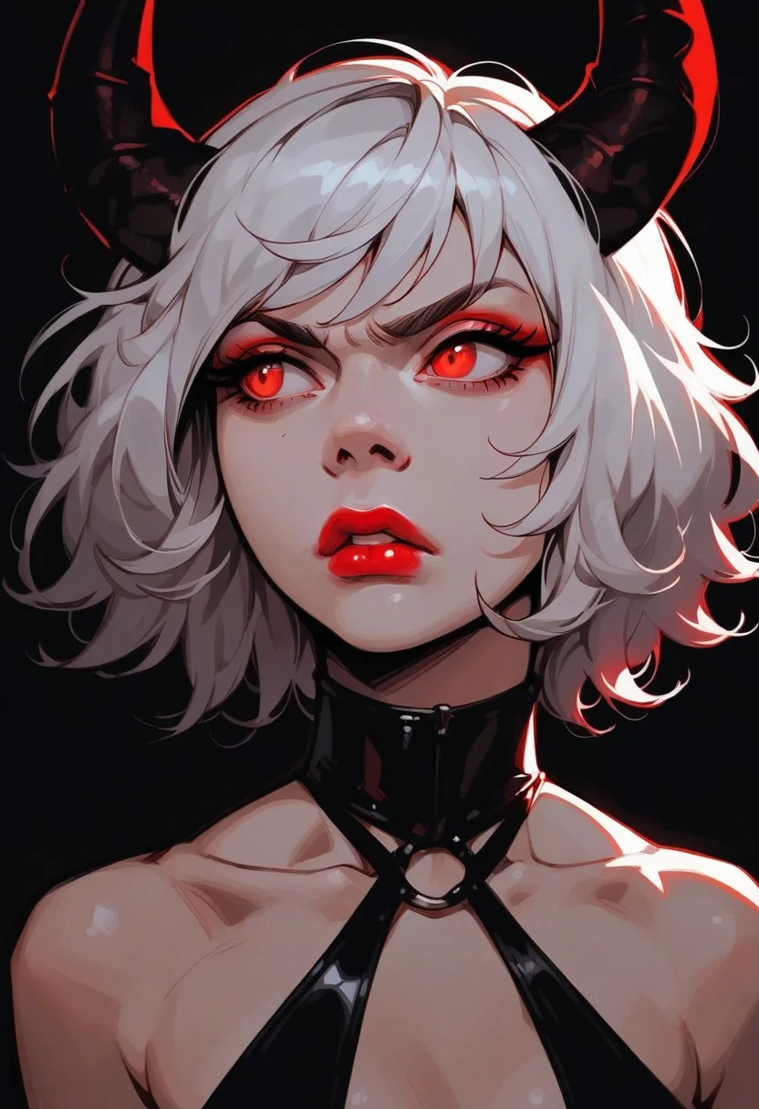 score_9, score_8_up, score_7_up, score_6_up, aesthetic ,   demon, black horns, in public, teasing expression, nipple peek, big eyes, solo,  dutch angle,  g0thicPXL,  (big lips:0.6), close up, small breasts, lipstick, choppy hair, short hair,  annoyed, looking to side, halter top, latex