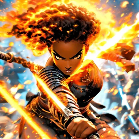 action shot. she was a black woman with intense eyes and a firey passion showing in her swordsmanship. As she stepped into the bar, sword held high, everyone could see her charging up her power attack.