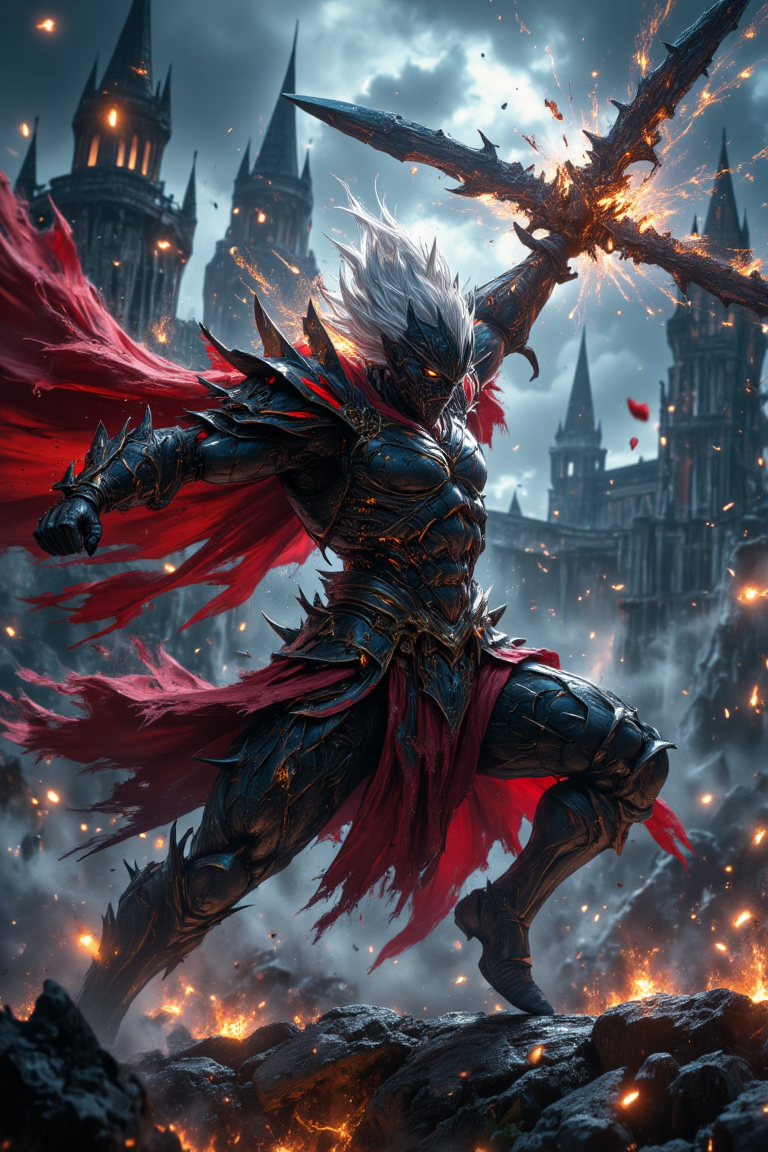 A fierce female dark knight clad in intricate, organic black armor with sharp edges and sinister textures, glowing faint crimson lines running through the armor's cracks. Her flowing, torn red cape flutters violently in the wind as she lunges forward mid-action, caught in a powerful, dynamic pose. She raises a massive, jagged black sword overhead, slashing it diagonally with explosive sparks flying from the motion. Her wild white hair and glowing, intense eyes shine under dark gothic lighting, with cinematic motion blur emphasizing the force of her attack. Her muscular form is tense and battle-ready, legs and arms spread for balance in a low, aggressive stance or airborne leap. The hyper-detailed armor flexes with every movement, cape and hair trailing behind with realistic motion. The background reveals a ruined dark castle lit by flickering torches, swirling mist and embers adding to the epic, dramatic atmosphere. A sharp focus on her dynamic form captures the heroic energy, powerful body posture, and dramatic momentum of a warrior in the midst of battle,mythp0rt,Ki Charge, low-angel shot