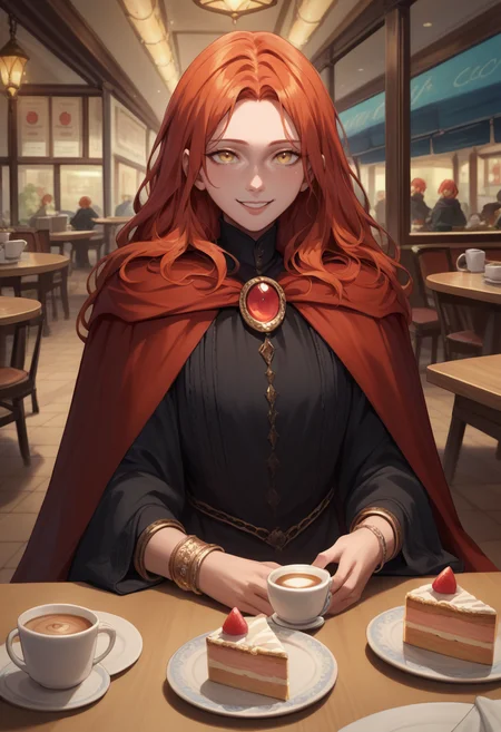 score_9, score_8_up, score_7_up, 1girl, LnrPrncssRnn, yellow eyes, long hair, red hair, cloak, jewelry, black dress, long sleeves, red cape, bracelet, <lora:RanniLunarPrincess_pdxl_Incrs_v1:1>, pov across table, food, cafe, coffee, cake, seductive smile, happy,