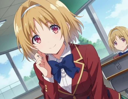 score_9, score_8_up, score_7_up, source_anime,
kikyoukushida, <lora:kikyou-kushida-s2-ponyxl-lora-nochekaiser:1>,
kikyou kushida, short hair, blonde hair, red eyes, hairband, hair intakes,
shirt, long sleeves, bow, school uniform, jacket, white shirt, bowtie, blue bow, blazer, red blazer,
indoors, classroom, smile, bent over,
looking at viewer, dutch angle, cowboy shot,
