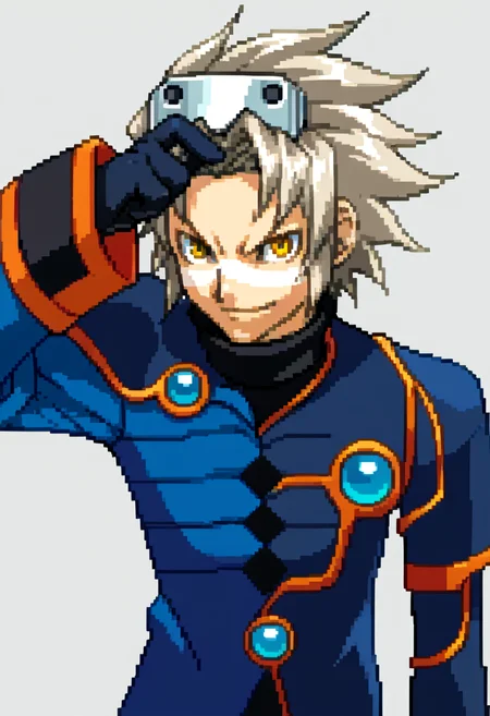 score_9, score_8_up, score_7_up, source_anime, BREAK, solo, 1boy, looking at viewer, smile, <lora:Ace-Attorney-Portraits-pdxl_Fp:1>, portrait, pixel art, simple background, upper body, <lora:WesPKMN-pdxl:1>, w3s, spiky hair, grey hair, goggles on head, yellow eyes, facial mark, black turtleneck, blue coat, single pauldron, asymmetrical sleeves, long sleeves, black gloves, black pants