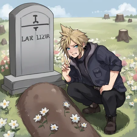 score_9, score_8_up, score_7_up, score_6_up, score_5_up, score_4_up, zPDXL2,source_anime,rating_questionable, Cloud strife, blonde hair, crying, flowers, peace sign, <lora:Oliver_Queens_Grave_Meme:0.8> oll13gr4v3, grass, squatting, tombstone, grave