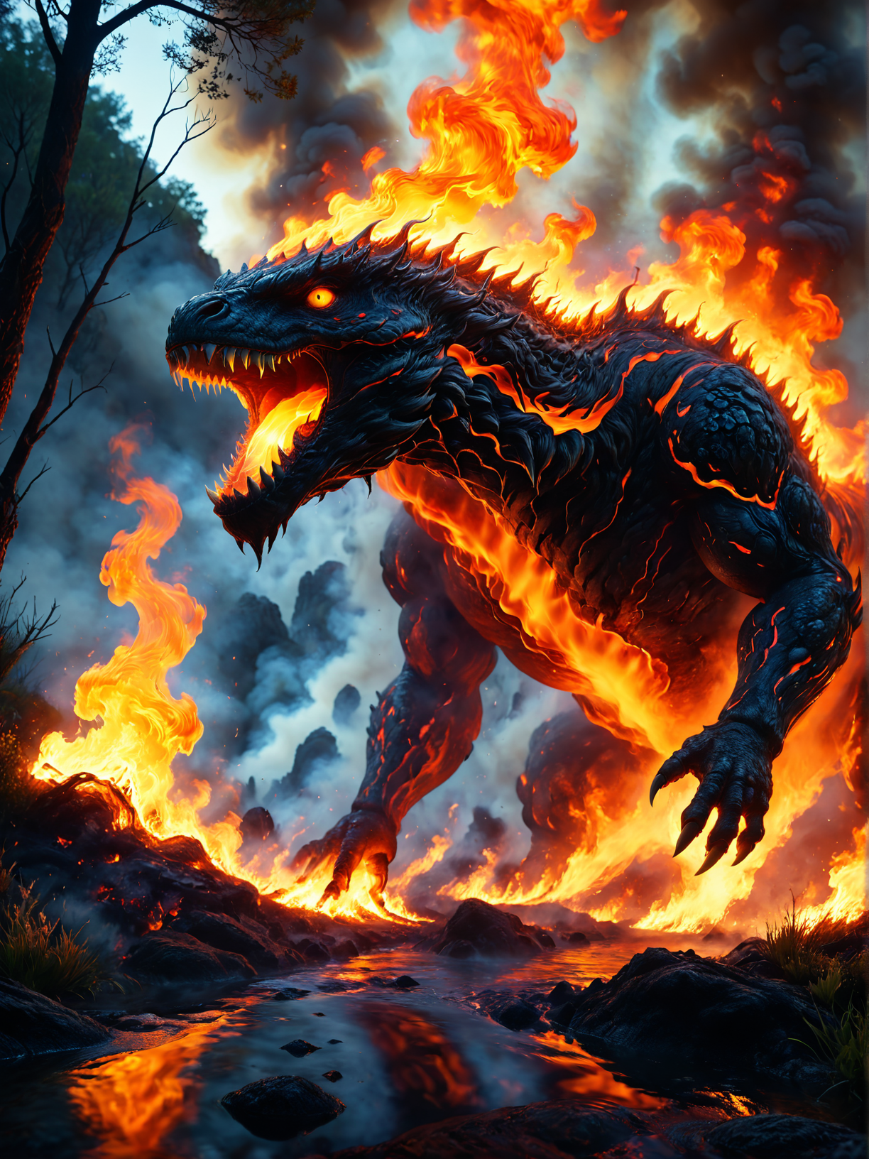A solo (((fire breathing))), gargantuan elemental creature, spewing a stream of fire from its mouth toward the earth below, covered in molten lava, scorched earth where it breathes fire. The creature's skin is textured, scales, ((fire coming from inside its mouth to the ground)). The creature is evil and has a natural appearance. The eyes are translucent, evil and glossy. In a fiery, inferno forest with golden sunlight filtering through the trees, illuminating the few delicate wildflowers and grass that have not burned yet. Photorealistic, enchanted environment, realism, <lora:aidmaMidjourneyV6.1-v0.1:0.6> midjourneyv6.1, <lora:SDXLFaeTastic2400:0.4>, <lora:EpicF4nta5yXL:0.4>, <lora:DonM5h4d0wM317XL:0.4>, <lora:add-detail-xl:0.8>, <lora:Everything_Iridescent:0.4>