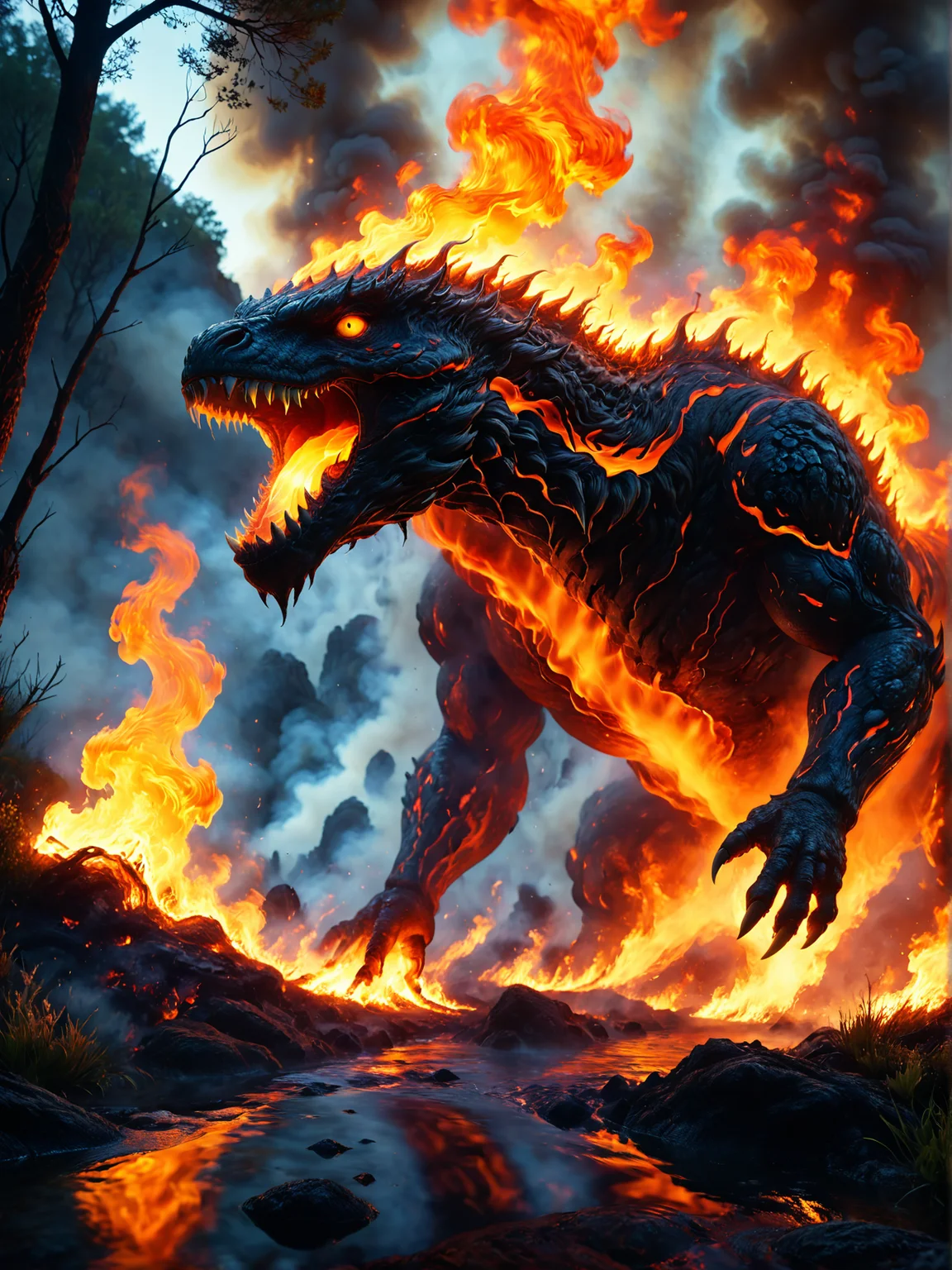 A solo (((fire breathing))), gargantuan elemental creature, spewing a stream of fire from its mouth toward the earth below, covered in molten lava, scorched earth where it breathes fire. The creature's skin is textured, scales, ((fire coming from inside its mouth to the ground)). The creature is evil and has a natural appearance. The eyes are translucent, evil and glossy. In a fiery, inferno forest with golden sunlight filtering through the trees, illuminating the few delicate wildflowers and grass that have not burned yet. Photorealistic, enchanted environment, realism, <lora:aidmaMidjourneyV6.1-v0.1:0.6> midjourneyv6.1, <lora:SDXLFaeTastic2400:0.4>, <lora:EpicF4nta5yXL:0.4>, <lora:DonM5h4d0wM317XL:0.4>, <lora:add-detail-xl:0.8>, <lora:Everything_Iridescent:0.4>