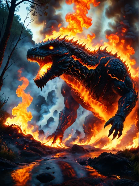 A solo (((fire breathing))), gargantuan elemental creature, spewing a stream of fire from its mouth toward the earth below, covered in molten lava, scorched earth where it breathes fire. The creature's skin is textured, scales, ((fire coming from inside its mouth to the ground)). The creature is evil and has a natural appearance. The eyes are translucent, evil and glossy. In a fiery, inferno forest with golden sunlight filtering through the trees, illuminating the few delicate wildflowers and grass that have not burned yet. Photorealistic, enchanted environment, realism, <lora:aidmaMidjourneyV6.1-v0.1:0.6> midjourneyv6.1, <lora:SDXLFaeTastic2400:0.4>, <lora:EpicF4nta5yXL:0.4>, <lora:DonM5h4d0wM317XL:0.4>, <lora:add-detail-xl:0.8>, <lora:Everything_Iridescent:0.4>
