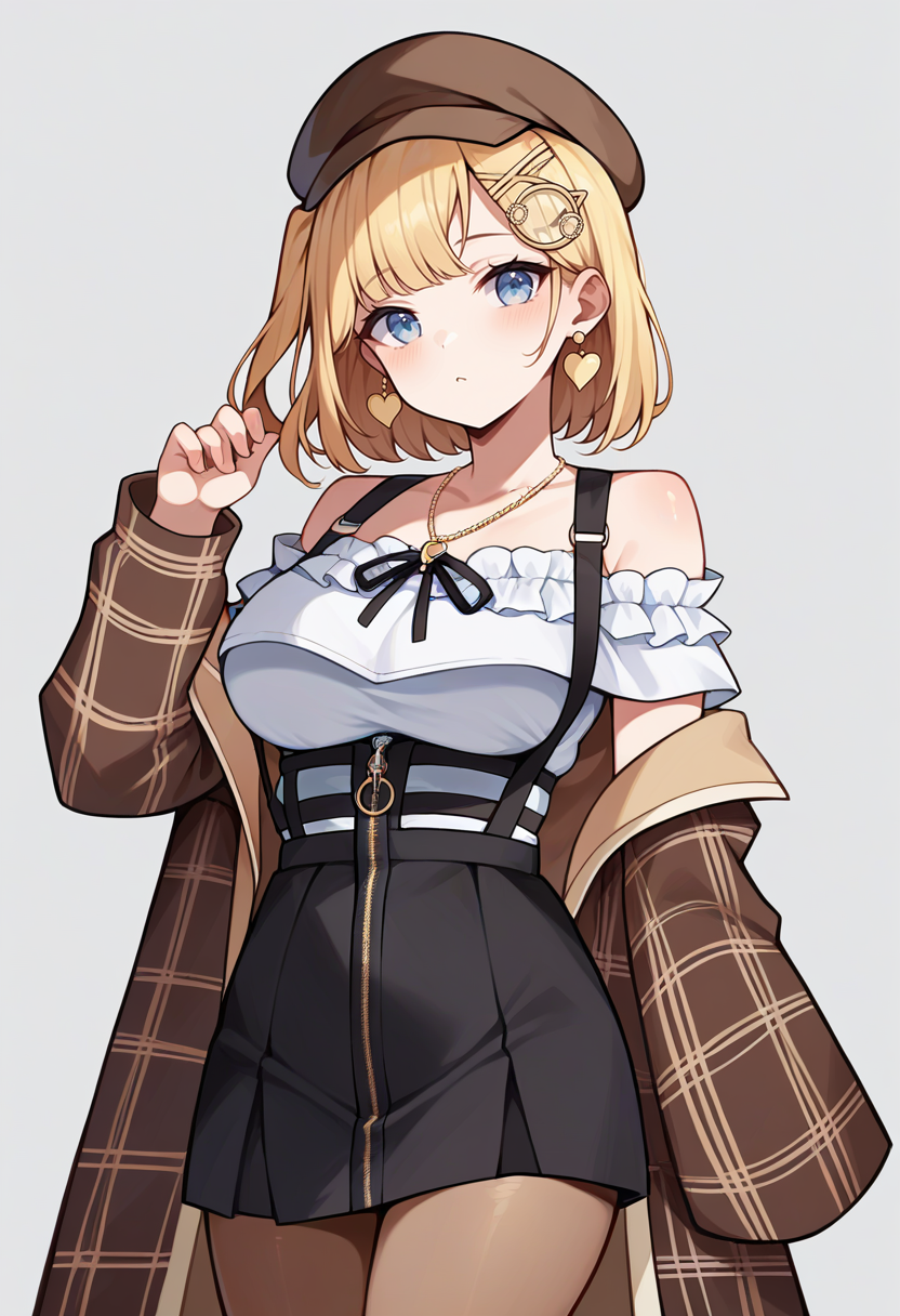 score_9,score_8_up,score_7_up,score_6_up,score_5_up,score_4_up,
1girl, watson amelia. bob cut, one side up, hairclip, brown cabbie hat, brown plaid coat, white frilled shirt, off-shoulder shirt, black high-waist zipper skirt, suspenders, pantyhose, monocle, hair ornament, large breasts, necklace, heart earrings, 
solo, grey background, simple background, cowboy shot, looking at viewer,
<lora:ameliaponyxl:1>