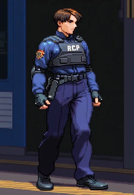 (score_9, score_8_up:1.1), score_7_up, (masterpiece:1.2), (best quality:1.3), ((High quality, HD Illustration, very clear)), amazing quality, very aesthetic, best aesthetic, highres, perfect composition, masterful composition, intricate details, 1boy, RE2Leon, male focus, blue eyes, brown hair, short hair, parted hair, split bangs, tactical, belt, holster, police uniform, bulletproof vest, fingerless gloves, blue shirt, elbow pads, long sleeves, shoes, black footwear, toned, toned body, slim, slim build, standing, detailed background, outside, night, police station, streets, cinematic lighting, dynamic lighting, looking at viewer, edgy, raw, graphic, graphic details, front, handgun, weapon, futuristic, scifi, sci-fi, science fiction, SF3XL,, full body, looking away,, grenades, flashbangs,, pixel, 90s, 1990s, retro