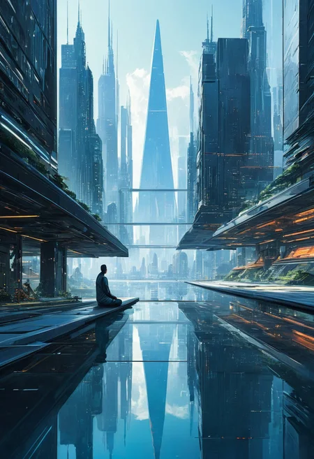 A futuristic cityscape, viewed through a large, triangular window or opening, is depicted in a digital painting style with a focus on sleek architecture and a serene, almost sterile atmosphere, reminiscent of science fiction concept art. The image portrays a highly stylized cityscape with towering structures, interconnected by a network of elevated walkways and waterways, with a figure meditating in a reflective pool in the foreground. The scene evokes a sense of advanced technology, tranquility, and perhaps, social isolation or detachment. The foreground is dominated by a minimalist platform featuring a rectangular pool of reflective water, with a figure dressed in white, kneeling in a meditative pose. The surface of the water perfectly mirrors the cityscape beyond, creating a doubling effect and adding depth to the composition. The edges of the triangular opening, through which the city is viewed, are dark and sharp, framing the scene like a stage set. The mid-ground reveals the intricate details of the futuristic city. The architecture is characterized by clean lines, geometric shapes, and a monochromatic palette with accents of glowing light. Tall, slender towers rise into the sky, some featuring transparent sections that reveal internal structures or gardens. , anime, cyberpunk