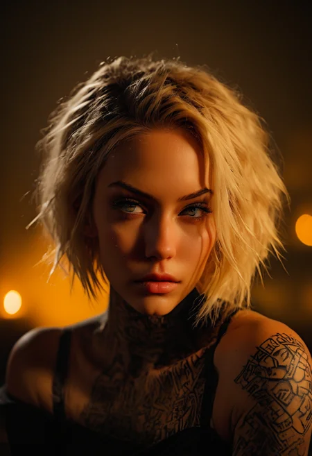 ultra highres,absurdres, (best quality, ultra detailed), Exquisite color design,detailed face,detailed eyes,photorealistic, cinematic angle
Experimental surrealistic portrait,solo,a cyberpunk street gang girl, sweet 25yo woman,(dark roots:1.2) blond hair,short hair,mechanical eye,(luminous eyes:1.6),seductive expression, subtle smile, open mouth, sexy and cute, dynamic sexy pose, Expressive,Tribal Tattoos,barcode tatoos, abstract,
Gustav Klimt, trending on artstation, <lora:CINE:0.5> CINE,blurry background, DOF, depth of field, fire embers, embers, glowing, backlighting, bokeh ,volumetric lighting,<lora:sinfully_stylish_SDKL:1> <lora:Desolation:0.5>, <lora:unholy:0.25> horror, <lora:Expressive_H:1> Expressiveh <lora:PerfectEyesXL:1> perfecteyes