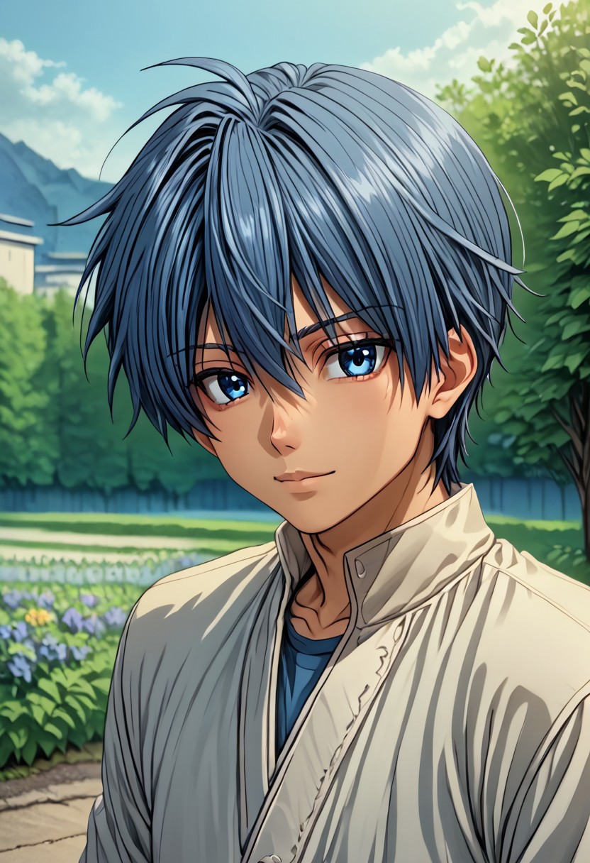 high resolution, solo, best quality, 1Boy, Tomoya Okazaki, Grey Blue Hair, blue eyes, portraits, proud, outdoor, Half Body, Depth Of Field,