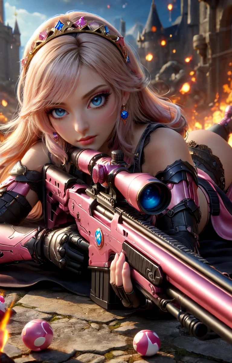 ((hyperrealistic)) cinematic photo of sexy Princess Peach from Super Mario Brothers with Sniper Rifle, perfect eyes, blue eyes, sultry pose with sniper rifle, (pink plastic sniper rifle with 1up stars along the side), action scene in bowsers castle, lava balls,
35mm photograph, film, bokeh, professional, 4k, highly detailed, <lora:EnvyActionShotXL01:0.65>, <lora:add-detail-xl:0.6> <lora:XL_Weapon_Sniper_Rifle_-_By_HailoKnight:0.8>