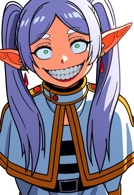 best quality, amazing quality, very aesthetic, absurdres,
jokerized, smile, grin, teeth, red lips, constricted pupils, crazy eyes,
1girl, frieren, green eyes, grey hair, twintails, pointy ears, eyebrows,
white capelet,long sleeves, earrings, striped shirt,
arms behind back,
upper body, looking at viewer, solo, simple background, white background, <lora:JokerizedNoobXL_byKonan:1>