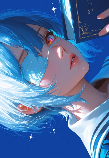 Hype4realistic, <lora:546L5rKh5LqL-illustriousXL_v01_V2-CAME>, 546L, solo, blue background, sideways, 1girl, eyepatch, sailor collar, short hair, medical eyepatch, white sailor collar, parted lips, simple background, school uniform, one eye covered, holding, white hair, blue hair, serafuku, pink eyes, sparkle, red eyes, looking at viewer, portrait, blue theme, holding book, orange eyes, shirt, book