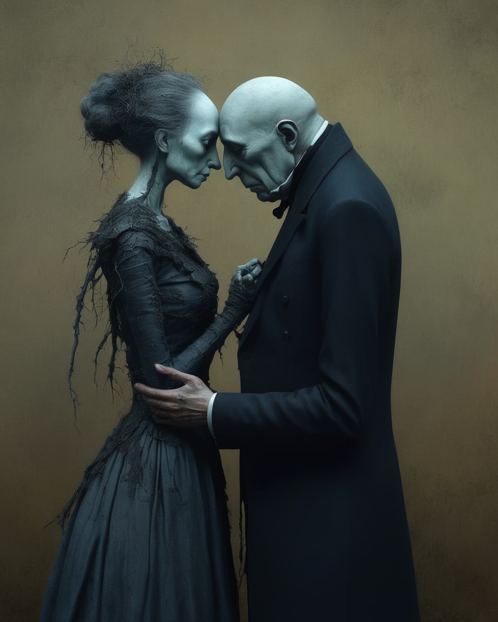 heartbroken liches, married liches getting a divorce, heartache, sad, melancholy, Tim Burton, Nicola Samori, Beksinski,  dystopian surrealism, vivid color, <lora:add-detail-xl:0.85> <lora:xl_more_art-full_v1:0.6>  <lora:XSfenlie:1> fenliexl