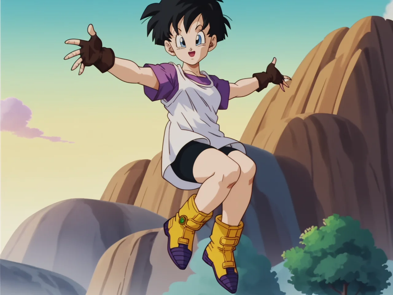 Videl, 1girl, short hair, white shirt, purple shirt, bike shorts black hair, yellow boots fingerless gloves, floating, <lora:Videl-prodigy-7:0.8>, score_9, score_8, score_8, anime screencap, solo, portrait, looking at viewer, outdoors, sky, flying, shadows