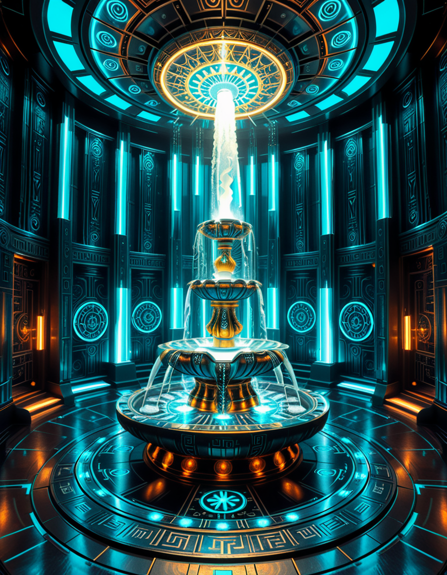 The center of a high-tech, alien temple-laboratory, where dark metallic walls shimmer under the glow of cyan vertical light tubes and faint sacred runes. In the middle of the chamber lies an elaborate biomechanical fountain, rising like an altar from a circular platform of engraved metal. The fountain pulses with iridescent liquid light, flowing in gravity-defying streams that spiral upward before cascading back into a glowing basin etched with ritual patterns. Bioluminescent veins run through the structure, illuminating the surrounding floor like circuitry. Overhead, a radiant, halo-like design casts a celestial glow, enhancing the surreal, sanctified atmosphere. The space exudes a fusion of sacred ceremony and alien technology, as if the fountain were a source of divine power worshipped by another world.
<lora:high-tech_alien_temple_f0unt41n:1>,high-tech alien temple f0unt41n,<lora:SDXLFaeTastic2400:0.4> <lora:extremely_detailed:0.4> extremely detailed, Masterpiece,best quality,hi res,8k,hi res,8k,award winning,(sharp focus, intricate, highly detailed),