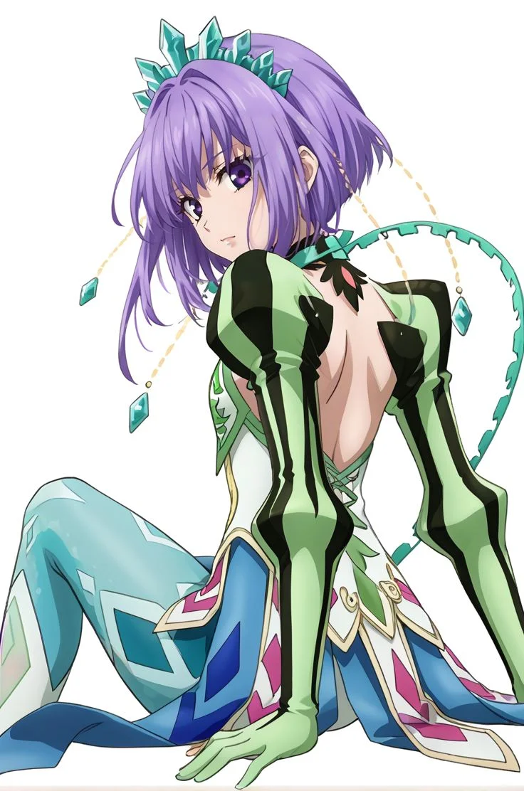<lora:add-detail-xl:1>source anime, detailed, official art, masterpiece,
<lora:HandFineTuning_XL:1>
BREAK,
white background,
sitting, emotionless, dynamic angle, (from behind:0.6), (from side:0.6), looking back,
BREAK,
<lora:littlequeen_pdxl_v01:0.8>littlequeen, purple hair, purple eyes, sidelocks, short hair, green dress, hair ornament, puffy sleeves, clothing cutout, tight pants, white tight pants, white footwear, chain,