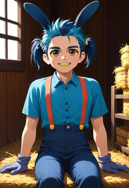 score_9, score_8_up, score_7_up, raitong_safe, source_cartoon JaxTADC, solo, gloves, 1boy, animal ears, sitting, upper body, portrait, toes, animal ears, rabbit ears, suspenders, chibi:1.9, male focus, human:1.9, hot indigo shirt, pants, hot indigo gloves, yellow sclera, colored sclera, Hot Blue eyes, yellow teeth, rabbit feet, Hot indigo cornea, bun head, twintails, farm