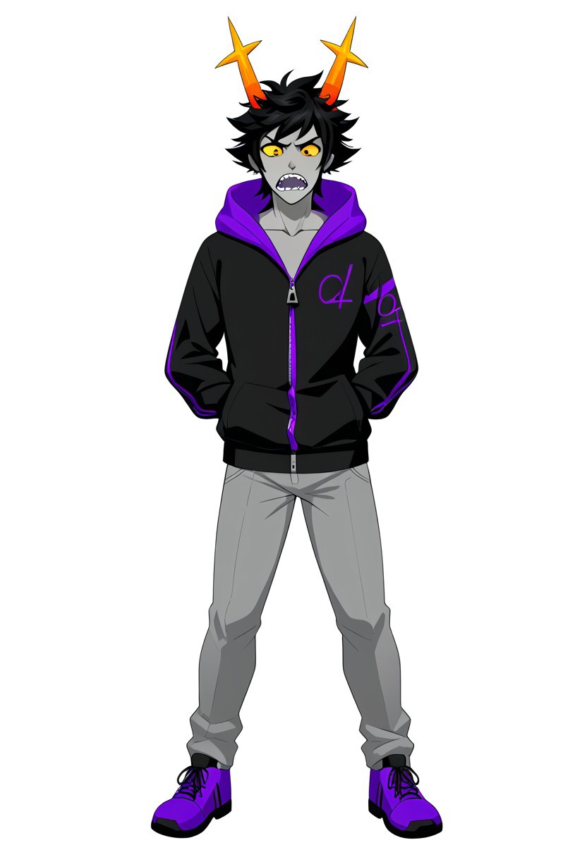 1boy, solo, short hair, black hair, grey skin, yellow sclera, male focus, black hair, colored skin, hood, full body, pants, hoodie, white background, zipped jacket, shoes, grey pants, standing, scared, purple footwear, sharp teeth, troll, purple tears, horns, holding golf club in one hand, zipper,
BREAK,
three-quarter view,
BREAK,
minimalist, mspaint,