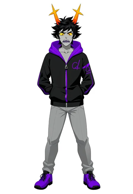 1boy, solo, short hair, black hair, grey skin, yellow sclera, male focus, black hair, colored skin, hood, full body, pants, hoodie, white background, zipped jacket, shoes, grey pants, standing, scared, purple footwear, sharp teeth, troll, purple tears, horns, holding golf club in one hand, zipper,
BREAK,
three-quarter view,
BREAK,
minimalist, mspaint,