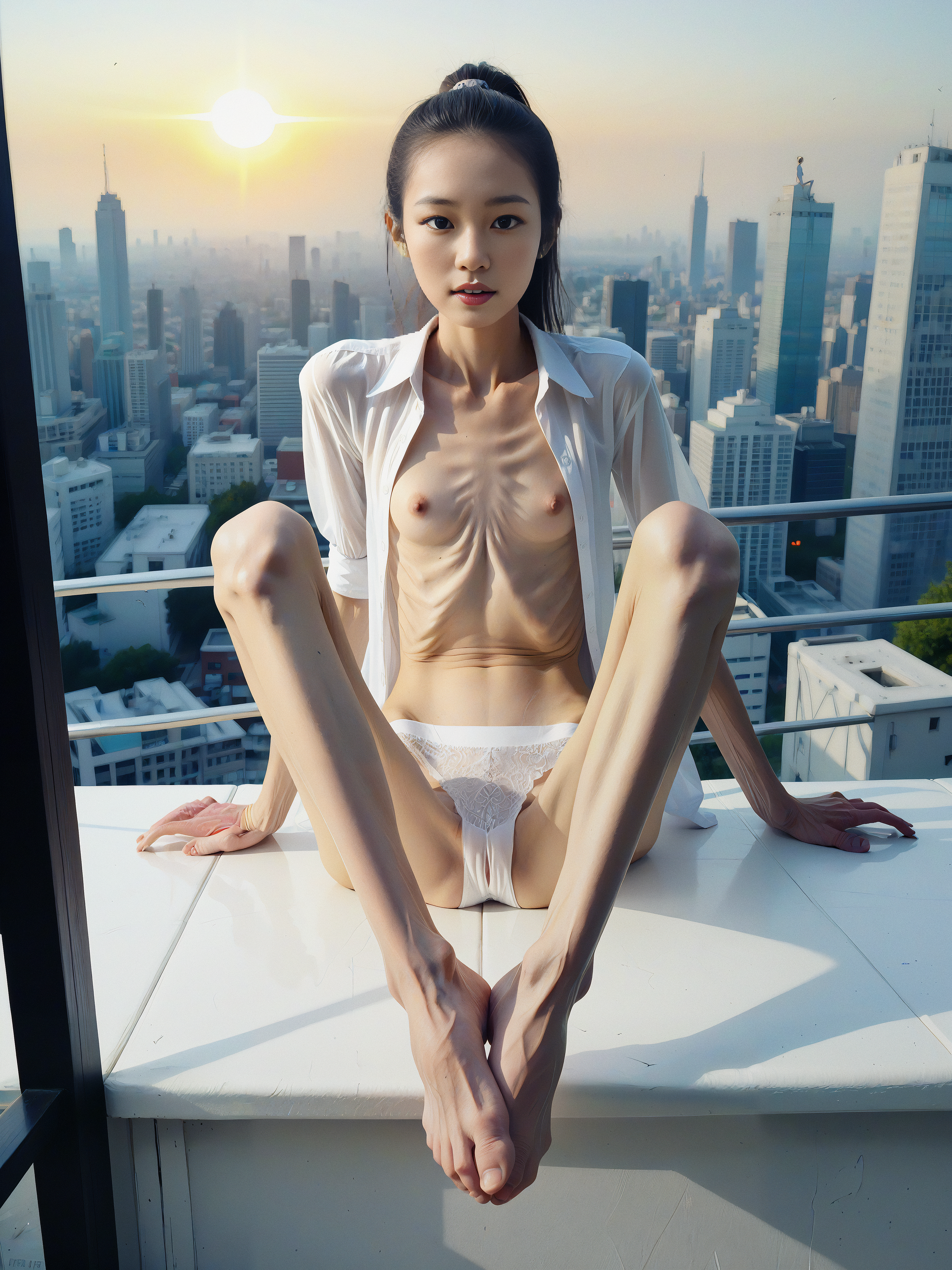 (score_9, score_8_up, score_7_up, rating explicit, (realistic:1.9), depth of field, masterpiece, best quality, ultra HD quality details, cinematic film still, volumetric lighting:1.9, blurry background, shadows, full body shot), (1girl, asian, sitting, small_breasts, ribs, collarbones, sternum), (feet, soles:1.6, toes, feet up), (nipples_outline:1.3), (skinny:1.8), (long hair, bangs, black hair, ponytail, sidelocks, parted lips, thighs, labia), (white shirt, partially unbuttoned, open shirt, white_panties, (see_through_underwear:1.3)), (hotel, balkony, skyline, skyscrapers, day, sun, birds)  