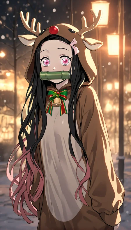 masterpiece, best quality, amazing quality, very aesthetic, absurdres, newest, (scenery, volumetric lighting),
Xmas_2k24, 1girl, solo, long hair, black hair, pink eyes,happy experssion,happy eyes,big eyes, looking at viewer, bow, pink hair ribbon, hood, reindeer costume, antlers, gagged,christmas,Kamado Nezuko,outside,
,masterpiece, best quality, amazing quality, very aesthetic, absurdres, newest, (scenery, volumetric lighting),
,<lora:Xmas_2k24:0.8>,