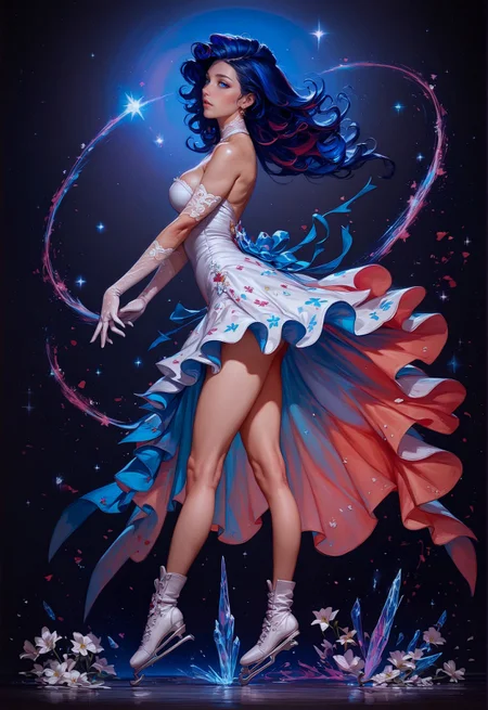 score_9, score_8_up, score_7_up,  solo, side view, full body, (ice skating:1.2), dynamic pose, realistic, concept art, galaxy, 1girl, stars, milky way, love, heart, red hair, stunning white dress, white lace gloves, white flowers, white tulips, floral decoration, legs, black background  <lora:pony/twilight_style:0.8> <lora:pony/expressiveh:0.8> expressiveh <lora:pony/vixon_galaxy:0.65> g4l4xy <lora:sdxl/sinfully_stylish_sdxl>