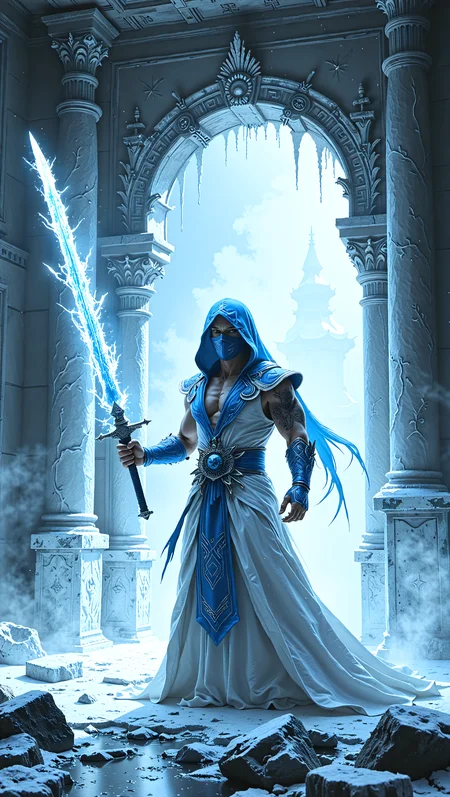 A creative image of SubZero, a powerful Mortal Kombat warrior, standing in a misty, snow-covered, ancient Chinese temple, surrounded by intricate ice sculptures, holding a majestic, glowing, translucent sword made of ice, with frosty, crystal-like details, wearing a long, flowing, white and blue ninja costume, with a hood and a mask, inspired by the styles of Hokusai, Syd Mead, and Ash Thorp.