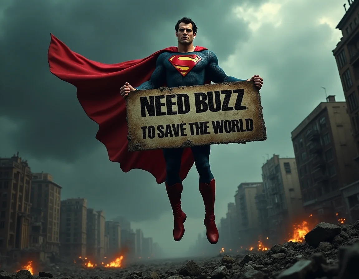 A powerful scene with Superman hovering above a devastated cityscape, his iconic red cape flowing in the wind. The background is filled with crumbling buildings, shattered glass, and smoldering debris under a dark, stormy sky. Superman's expression is a mix of determination and concern, emphasizing the gravity of the situation. In his strong hands, he holds a large, weathered sign that reads "NEED BUZZ TO SAVE THE WORLD" in bold, distressed lettering. The overall mood is somber, with muted colors and dramatic lighting casting long shadows across the ruins below.