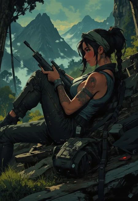 In the style of ff-td, nistyle, Silhouette Art, magnificent, crisp lines, closeup portrait of stunning mercenary, jungle, tropical, mountain top, overlooking a huge valley, beautiful girl, breasts, curvy, looking down scope, looking away from viewer, laying on the ground, laying ontop of jacket, aiming a sniper rifle, dark braided hair, backwards hat, armor, sleeveless, cutoff tanktop, holes ripped in pants, arm sleeve tattoos, muscle tone, dogtags, sweaty, foreshortening, depth of field, at night, night, tropical,
Closeup, detailed face, freckles, smirk, bandaged arm,