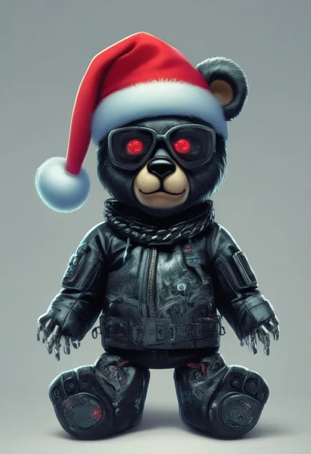 xmastedx, cyberpunk cyborg christmas bears, highly detailed, sunglasses, cyberpunk santa hat, AtompunkSDXL