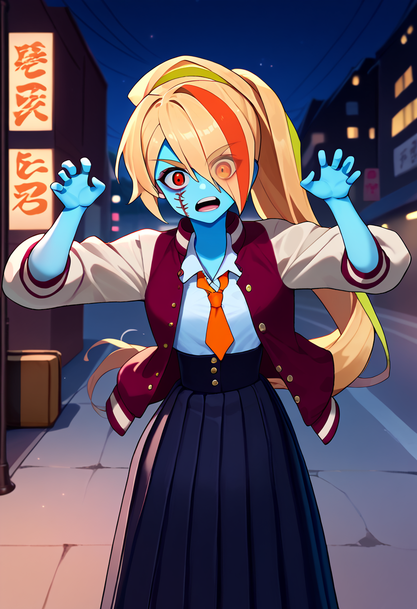 score_9, score_8_up, score_7_up, solo, 1girl, nikaidodef, zombie, blue skin, scar on face, open mouth, looking at viewer, teeth, claw pose, hair over one eye, eyes visible through hair, ponytail, red eyes, letterman jacket, open jacket, white shirt, collared shirt, orange necktie, long skirt, black skirt, high-waist skirt, pleated skirt, night, outdoors, city street <lora:zombielandsaga_nikaidou_ponyXL:1>
