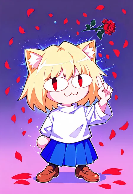 score 7 up, score 8 up, score 9 up, mesterpiece, best qualty, vibrant,
BREAK
necoarc, blonde hair, red eyes, slit pupils, cat ears, :3, chibi, turtleneck, white shirt, blue skirt, pleated skirt, pantyhose, brown footwear,
BREAK
(((finger gun,rose,petals))), dunamic pose, abstract background