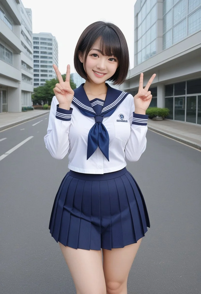 1woman,black eyes,Japanese, Asian eyes woman, Asian girl,black hair with long forelock, short hair, friendly smile, wide hips,full clothed,
Open blue school uniform, mini school skirt,
building steps,I folded the peace sign
standing