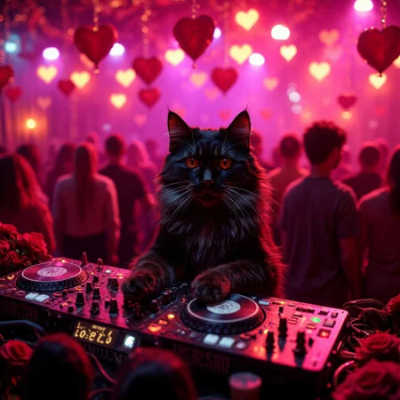 A black cat DJing at a Valentine’s Day rave, where heart-shaped lights pulse in sync with romantic beats. Animals couple up on the dance floor under neon-lit roses. Love, but through the lens of euphoric EDM.